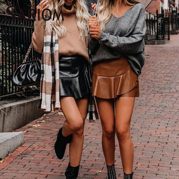 

black brown faux leather pleated skirts office lady autumn fashion high waist pu zipper female mini skirt jupe en cuir femme y1214