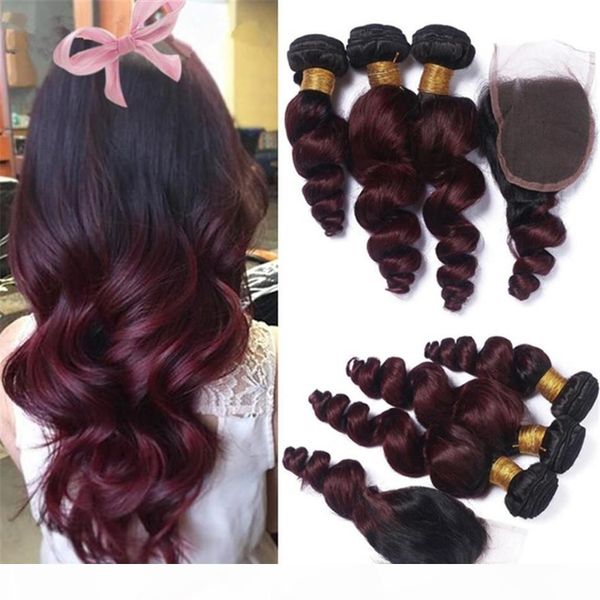

pre-colored ombre brazilian hair 3 bundles with closure 1b 99j 2 tone red burgundy non-remy loose wave ombre human hair weave, Black;brown