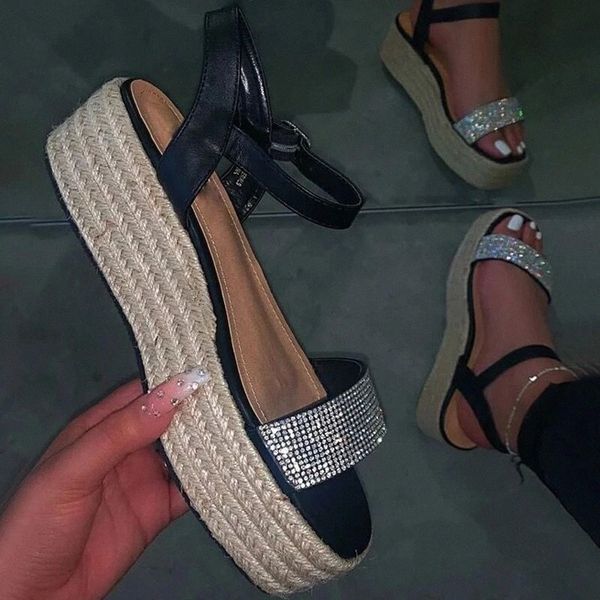 

women sandals buckle strap bling hemp flat platform outdoor ladies casual sandalias summer fashion shoes 2020 plus size #ky5q, Black
