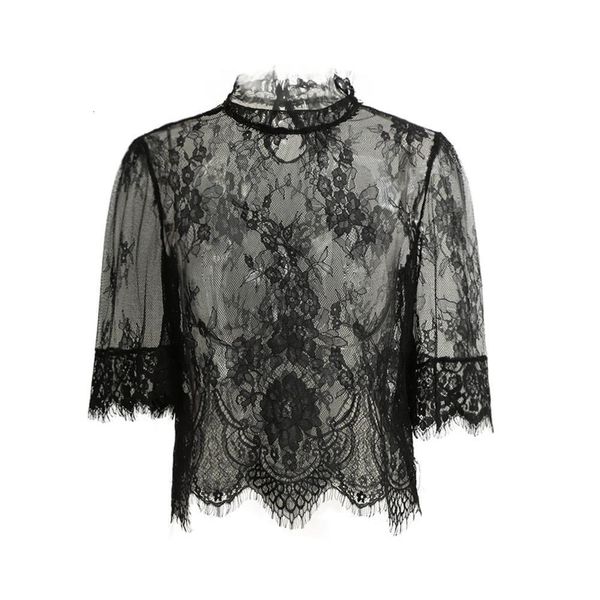 

2021 sheer polyester lace crop women embroidery lace high neck half sleeve ladies blouse mesh shirt clubwear blusas black, White