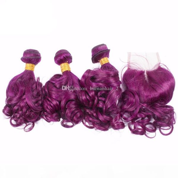 

фиолетовый волос соткать с кружевом закрытие 4 * 4 top closure фиолетовый человеческих волос романтический curl перуанские virgin ткет волос, Black;brown