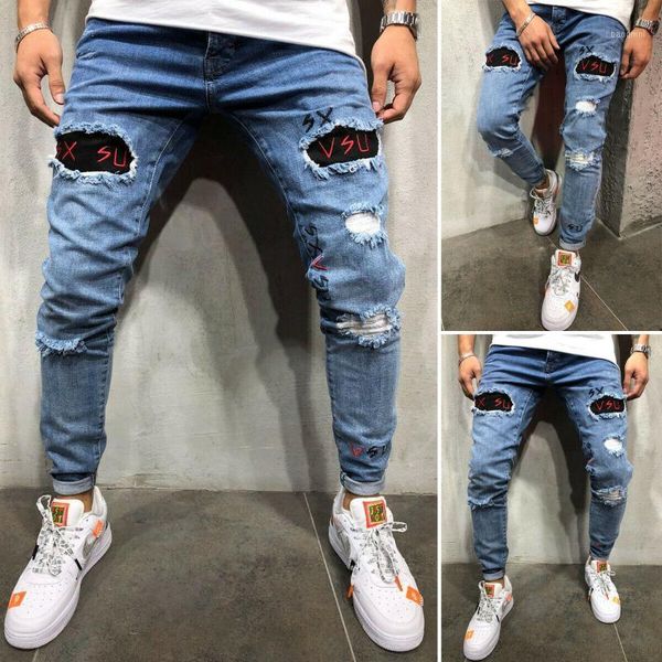 

men fashion letters denim trousers long pants skinny ripped frayed slim fit biker work trousers holes pants1, Black