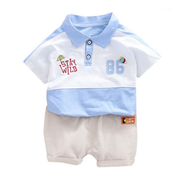 

casual cute children clothes boy korean version lapel short-sleeved t-shirt + shorts suit1, White