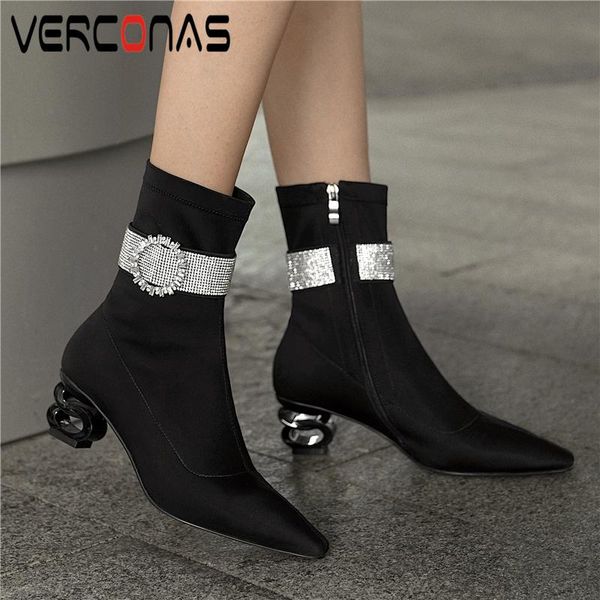 

verconas fashion women mid-calf boots autumn winter rhinestone pointed toe shoes woman side zipper strange heels stretch boots, Black