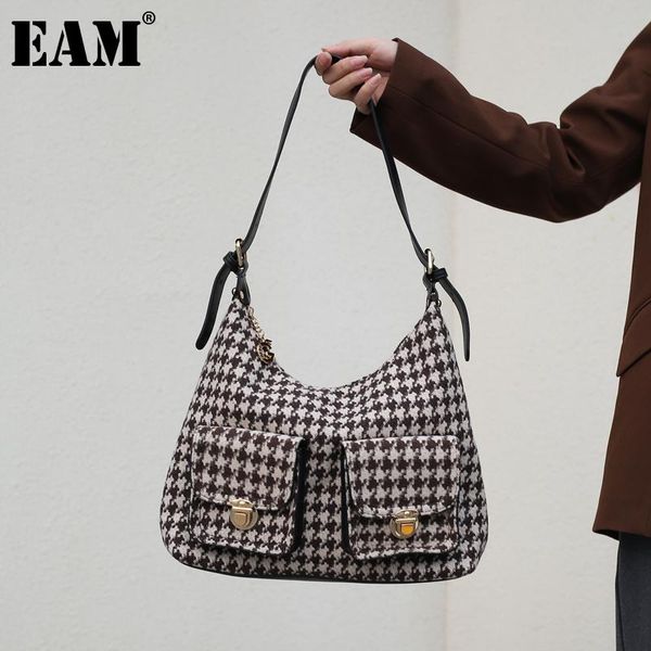 

[eam] women new plaid cotton double pocket large capacity personality all-match crossbody shoulder bag fashion 2021 18a1437