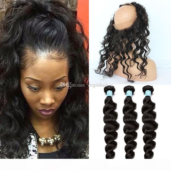

brazilian elastic band lace frontal closure with bundles 8a grade 360 lace band frontal cloure with loose wave human hair weaves, Black
