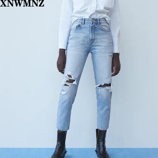 

za vintage mom high waisted woman ripped boyfriend for women korean style distressed jeans blue denim pants 1017