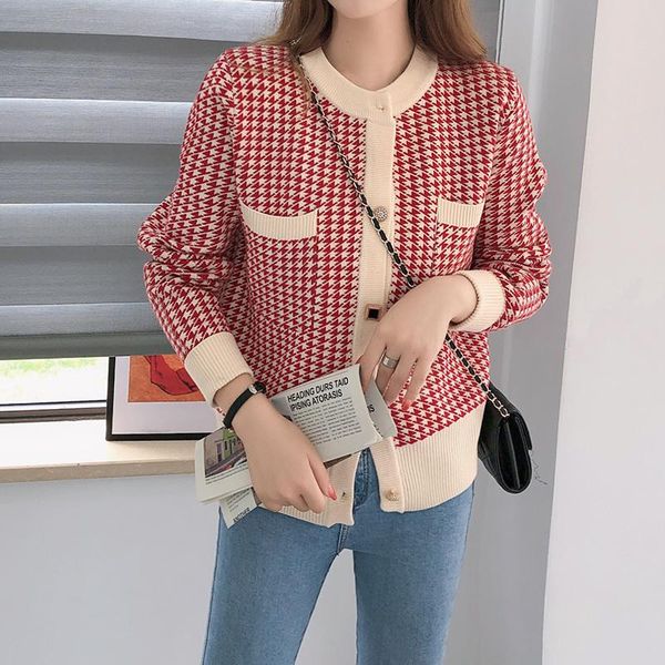 

2021 spring women plaid o-neck cardigan full sleeve office lady sweater jacket loose ladies knitted elegance girl t0n864t, White