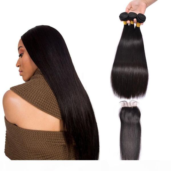 

brazilian straight hair weaves with lace closure unprocessed malaysian peruvian virgin human hair extensions remy hair wefts, Black;brown