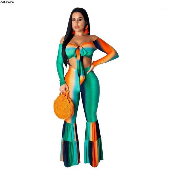 

2019 women summer rainbow stripes print off the shoulder long sleeve crop boot cut pant suit two piece set tracksuit lgd91271, White