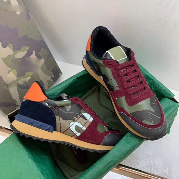 

new arrival colors rockrunner sneakers men women real leather flat trainers designer camouflage lace-up platform causal shoes with box, Black
