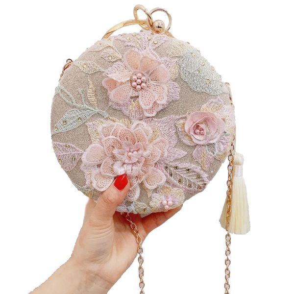 

new luxury retro tassel evening dress clutch bag embroidery flower round evening bag wallet day wedding handbag