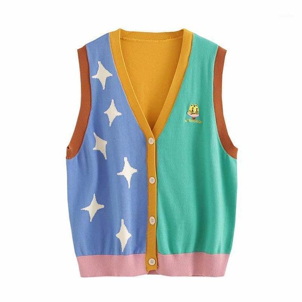 

cartoon embroidery sleeveless tank sweater for women winter v neck sleeve single-breasted knitted pullover sweet style warm 1, Black;white