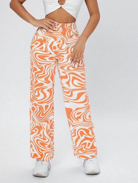 

petite marbled print high waist straight jeans u25i#, Blue