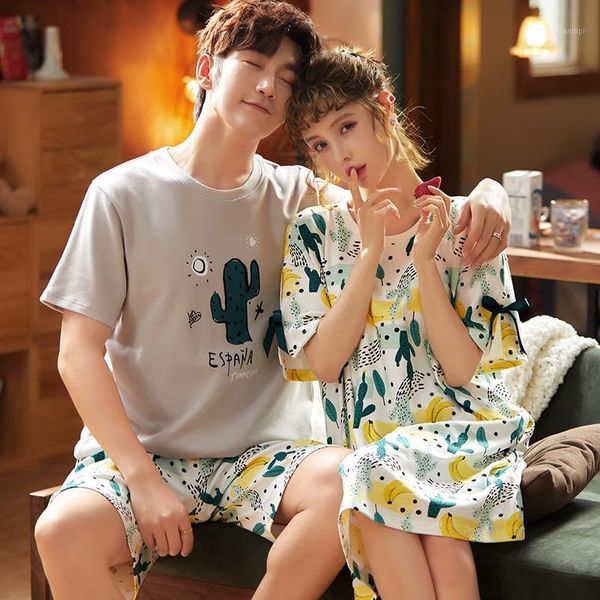 

2020 autumn couple comfortable pajamas set men's cotton short-sleeved pajamas set cute cartoon casual two-piece1, Black;brown