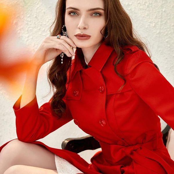 

double breasted long trench coat women spring british style red slim plus size casual work midi trench ladies belt windbreaker1, Tan;black