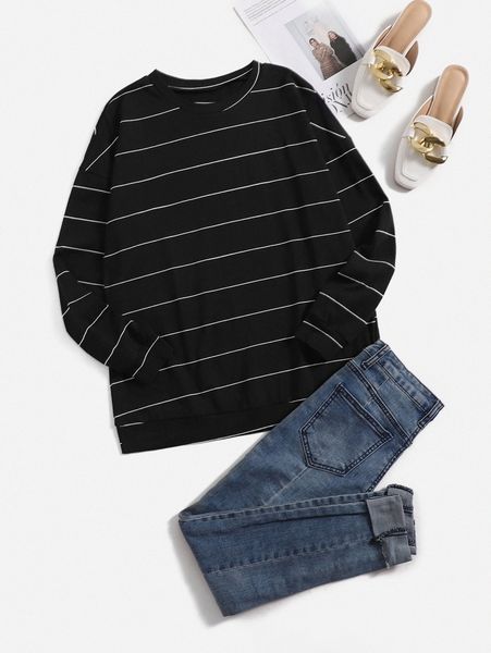 

emery rose striped print round neck sweatshirt y0q8#, White;black