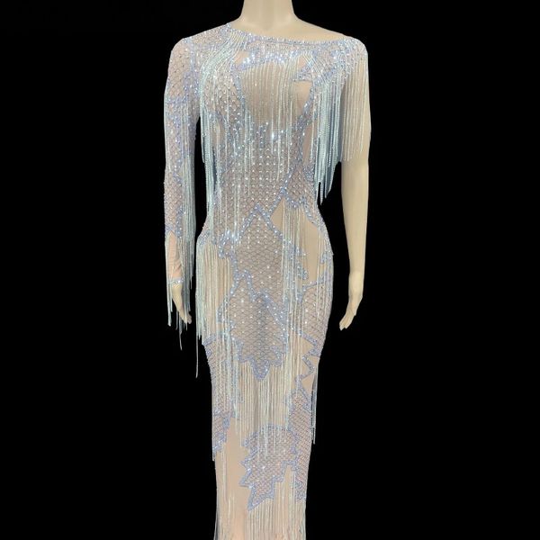 

sparkly rhinestone chain long dress birthday celebrate party outfit luxurious show performance stage wear transparent, Black;red