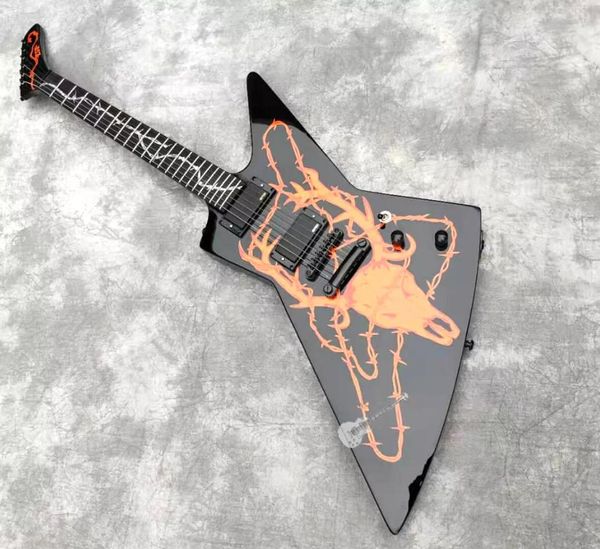 Seltene James Hetfield Metallica Woodburned Elk Skull MX250 Black Explorer E-Gitarre, Kopie von EMG-Tonabnehmern, schwarze Hardware