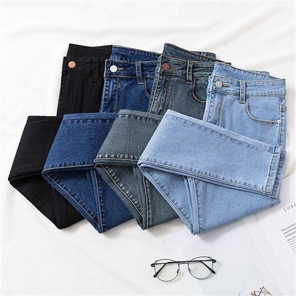 

solid skinny jeans woman new chic show slim hole denim pencil pants woman high waist elastic jean female korean style 201223, Blue