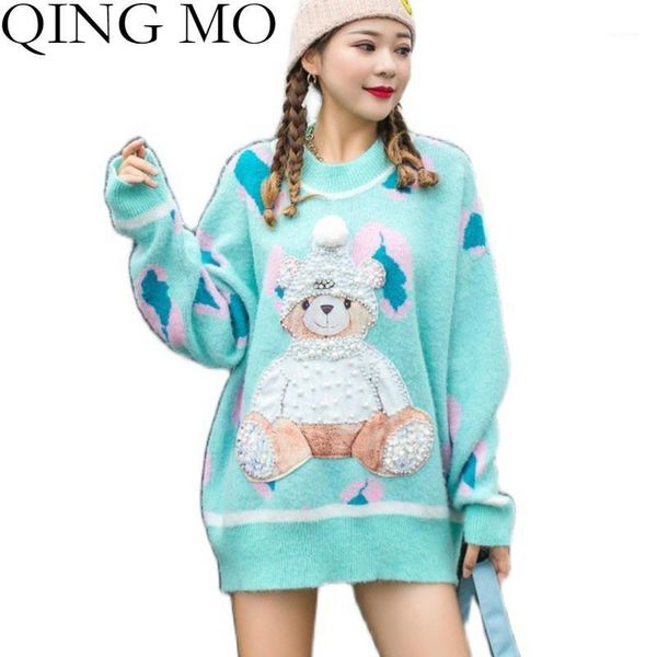 

qing mo red green cartoon print sweater women 2020 fall winter beading decoration pullover knitted coat casual sweater qyf163a1, White;black