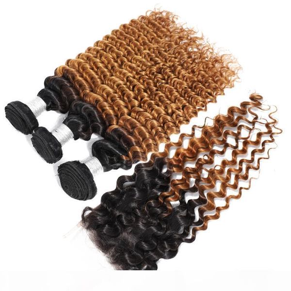 

1b 27 ombre honey blonde with closure deep wave human hair weave 3 4 bundles with lace closure brazilian virgin hair, Black