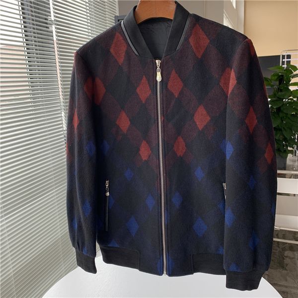 

47% wool red blue black diamond design baseball collar leather panel early autumn commuter jacket for men