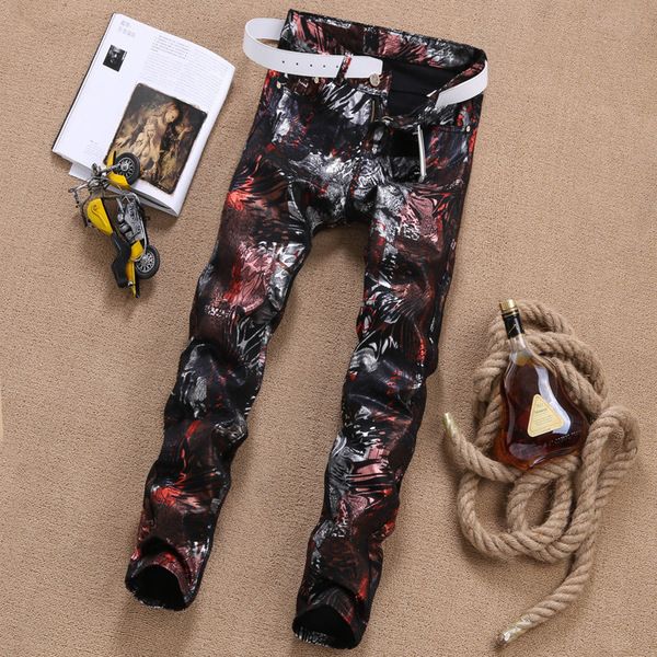 

new european and american fashionable men's printed pants personalized youth graffiti slim elastic small straight tube black calico jea, Blue