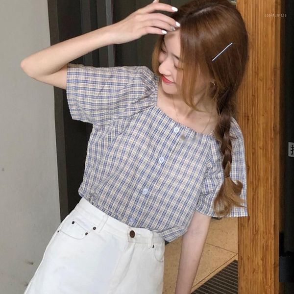 

women summer korean style retro tshirt elegant short sleeve plaid tee ladies sweet 20201, White