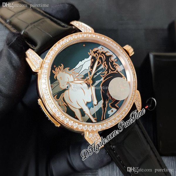 

2022 classico horse 8156-111-b-2 a21j automatic mens watch diamonds bezel rose gold blue white dial black strap watches puretime ptun limite, Slivery;brown