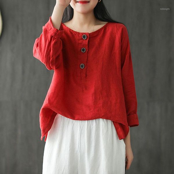 

johnature spring summer cotton linen retro o-neck long sleeve pullover t-shirt 2020 new loose leisure button 4 color women 1, White