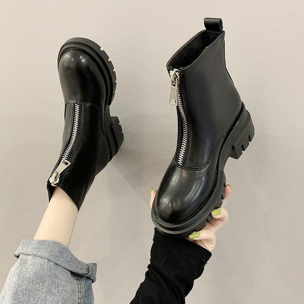 

flat heel women's boots autumn shoes round toe booties ladies boots-women zipper luxury designer med rubber 2020 rock fashion, Black