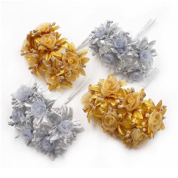 

6pcs/lot artificial flowers gold silver gauze rose for wedding party xmas decoration diy craft garland gifts fake flower jlldvs