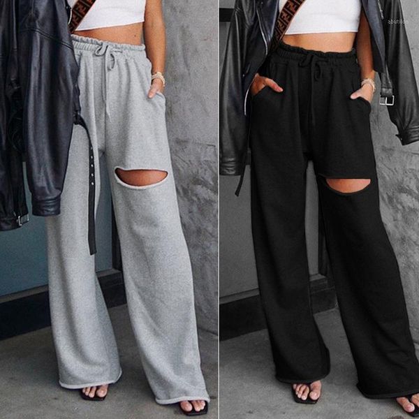 

women's pants & capris fashion high waist sweatpants women hole mopping casual sports wide leg1, Black;white