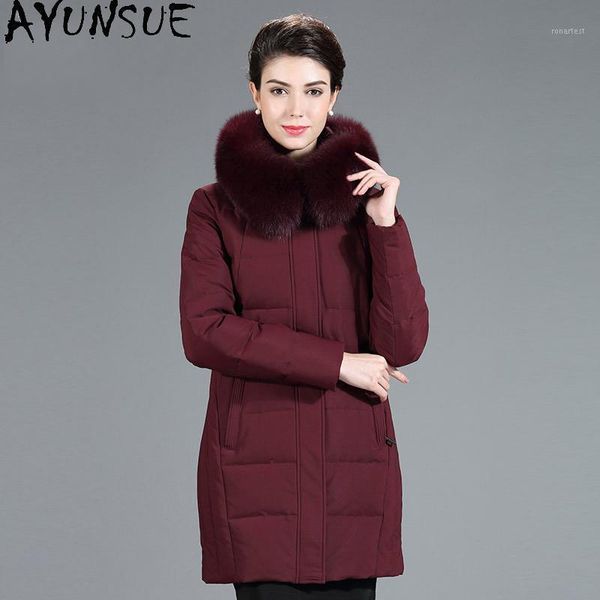 

ayunsue women's winter down jacket women real fur collar hooded coat female white duck down woman parkas ropa1, Black