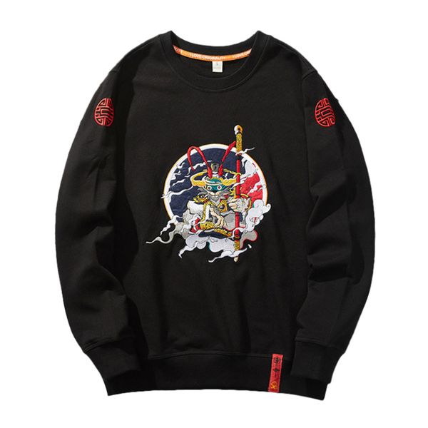 

monkey king embroidered winter fleece hoodies men warm cotton round sweatshirts japan harajuku yokosuka souvenir male c c0127, Black