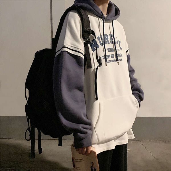 

fake two piece sweater men's fashion ins hoodie autumn winter plush loose trend fall coat, Black