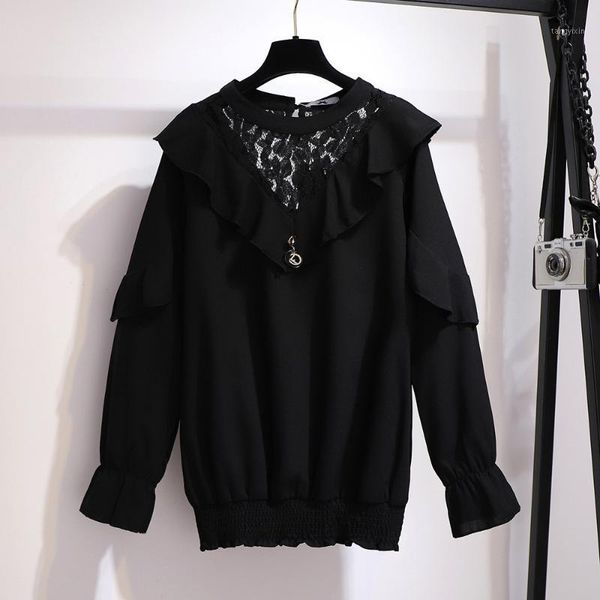 

2xl to 6xl plus size women autumn winter long sleeve ruffles lace casual shirts women blouses femme blusas t608781, White