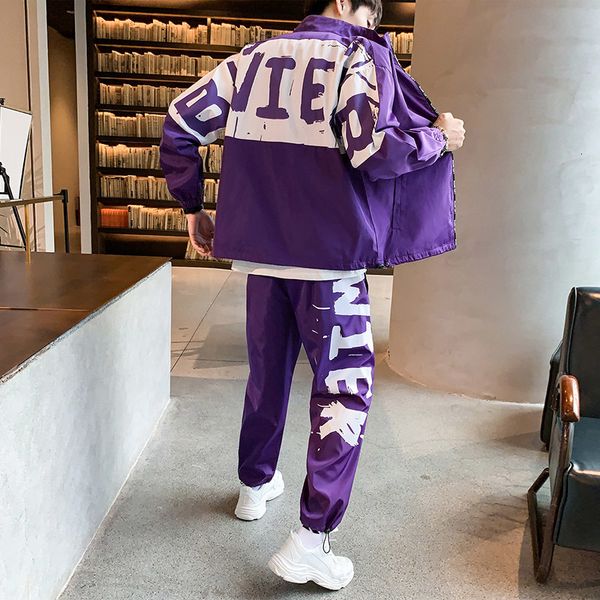 

2021 new men's sports suits loose printing casual jacket+sports pants 2pcs autumn zipper black fashion jogging track suit 5xl zep7
