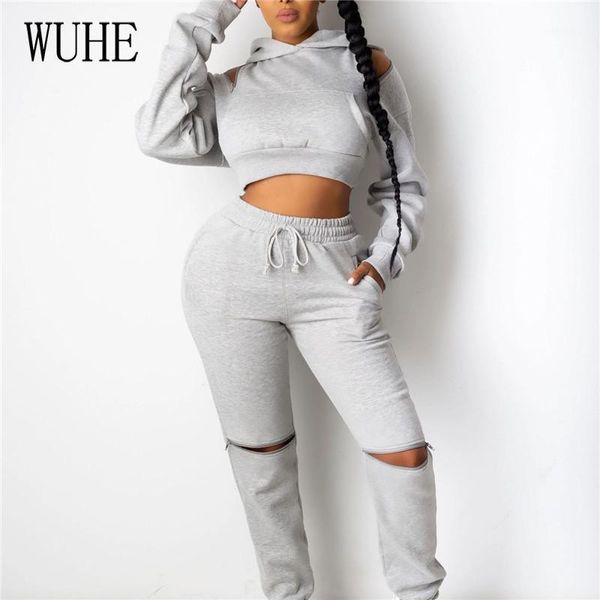 

wuhe joggers sports two piece suit cut out long sleeve hoodie sweatshirt crop + drawstring trousers leisure tracksuits1, Gray