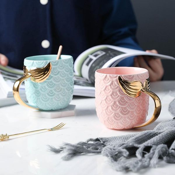 

gold mermaid ceramic mug beauty glazed milk coffee mugs with handel pink blue porcelain drinkware couple gift cup 420ml