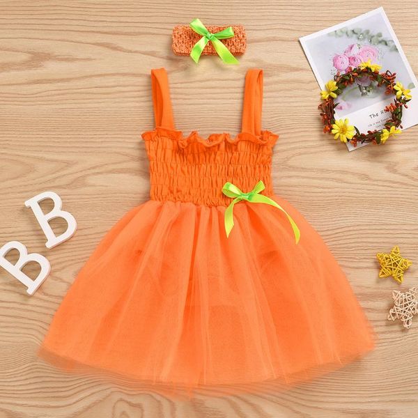 

toddler dress 2021 summer kids baby girls bow strape tulle romper dress princess outfits+headbands fashion baby girl clothing, Red;yellow