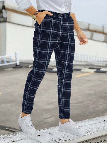 

men plaid slant pocket tailored pants f56s#, Black