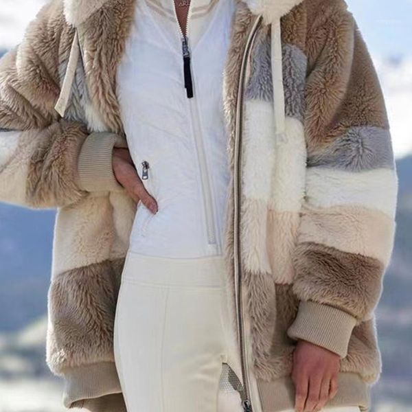 

women winter fuzzy plush warm hoodie jacket long sleeve shaggy oversized coat color block striped zip up outerwear s-3xl1, Black
