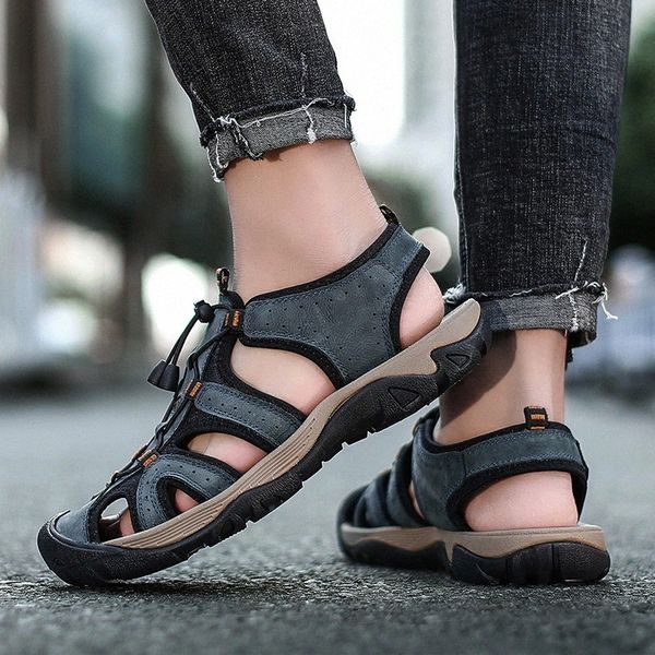 

genuine leather men sandals fashion summer outdoor male footwear firm summer handmade sewing original beach men slippers #s83x, Black