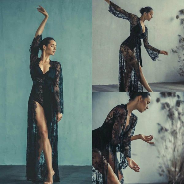 

black lace long sleeves bridal sleepwear fashion nightgown robes 2021 see through customise women undergarments, White