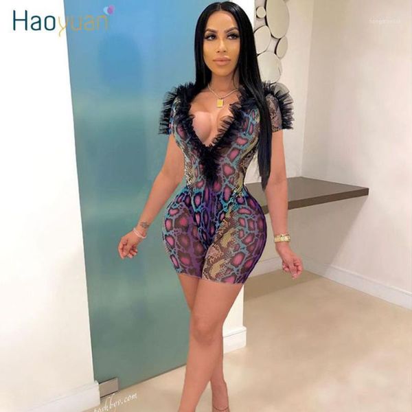 

haoyuan snake print two piece set summer clothes for women matching sets mesh ruffle bodysuit+shorts 2 piece club outfits1, White