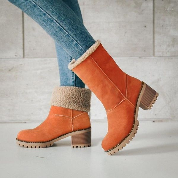 

2021 new hoof heels snow boots women mid-calf boots winter add velvet to keep warm shoes slip-on shoes large size43 botas mujer1, Black