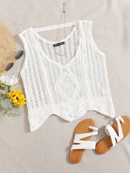 

sheer asymmetrical hem open knit cover up n8al#, White;black