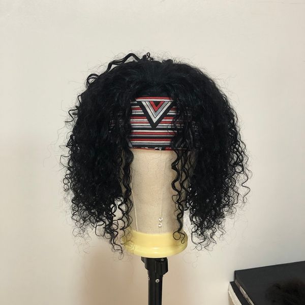 

headband wig curly human hair wigs 150% density brazilian remy none lace front wig for women natural color water wave bob wig, Black;brown